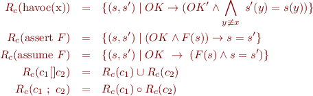 \begin{eqnarray*}
  R_c(\mbox{havoc(x)}) &=& \{(s,s') \mid OK \rightarrow (OK' \land \bigwedge_{y \not\equiv x}\ s'(y)=s(y)) \} \\
  R_c(\mbox{assert}\ F}) &=& \{(s,s') \mid (OK \land F(s)) \rightarrow s=s' \} \\
  R_c(\mbox{assume}\ F}) &=& \{(s,s') \mid OK\ \rightarrow\ (F(s) \land s=s') \} \\
  R_c(c_1 [] c_2) & = & R_c(c_1) \cup R_c(c_2) \\
  R_c(c_1\ ;\ c_2) & = & R_c(c_1) \circ R_c(c_2) 
\end{eqnarray*}