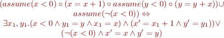 \begin{equation*}
\begin{array}{1}
(assume(x<0) \circ (x = x+1) \circ  assume(y<0) \circ (y = y+x)) \cup \\
assume(\lnot (x<0)) \Leftrightarrow \\
\exists x_1,y_1.(x<0 \wedge y_1 = y \wedge x_1 = x) \wedge (x'=x_1 + 1 \wedge y'=y_1)) \vee \\
(\lnot (x<0) \wedge x'=x \wedge y'=y)
\end{array}
\end{equation*}