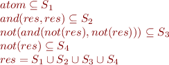 \begin{equation*}
\begin{array}{l}
   atom \subseteq S_1 \\
   and(res, res) \subseteq S_2 \\
   not(and(not(res), not(res))) \subseteq S_3 \\
   not(res) \subseteq S_4 \\ 
   res = S_1 \cup S_2 \cup S_3 \cup S_4
\end{array}
\end{equation*}