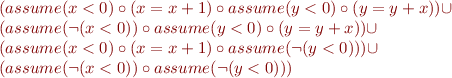 \begin{equation*}
\begin{array}{l}
(assume(x<0) \circ (x = x+1) \circ  assume(y<0) \circ (y = y+x)) \cup \\
(assume (\lnot (x<0)) \circ assume(y<0) \circ (y = y+x)) \cup \\
(assume(x<0) \circ (x = x+1) \circ  assume(\lnot(y<0))) \cup \\
(assume (\lnot (x<0)) \circ assume(\lnot(y<0))) 
\end{array}
\end{equation*}