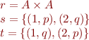 
\begin{array}{l}
r = A \times A \\
s = \{(1,p),(2,q)\} \\
t = \{(1,q),(2,p)\}
\end{array}
