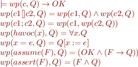 \begin{equation*}\begin{array}{l}
  \models wp(c,Q) \rightarrow OK \\
  wp(c1 [] c2,Q) = wp(c1,Q) \land wp(c2,Q) \\
  wp(c1 ; c2,Q) = wp(c1,wp(c2,Q)) \\
  wp(havoc(x),Q) = \forall x.Q \\
  wp(x=e,Q) = Q[x:=e] \\
  wp(assume(F),Q) = (OK \land (F \rightarrow Q)) \\
  wp(assert(F),Q) = (F \land Q)
\end{array}\end{equation*}