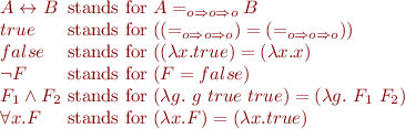 \begin{equation*}\begin{array}{l@{\mbox{ stands for }}l}
A \leftrightarrow B & A =_{o \Rightarrow o \Rightarrow o} B \\
true & (({=}_{o \Rightarrow o \Rightarrow o}) = ({=}_{o \Rightarrow o \Rightarrow o})) \\
false & ((\lambda x. true) = (\lambda x. x) \\
\lnot F & (F = false) \\
F_1 \land F_2 & (\lambda g.\ g\ true\ true) = (\lambda g.\ F_1\ F_2) \\
\forall x. F &  (\lambda x. F) = (\lambda x. true) \\
\end{array}
\end{equation*}