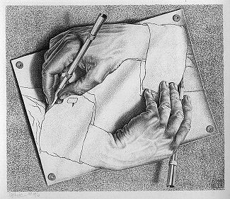 Programs that Generate Programs, Illustrated by M.C.Escher's Drawing Hands (fair use, see http://en.wikipedia.org/wiki/File:DrawingHands.jpg)
