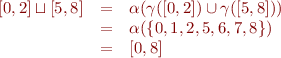 \begin{equation*}
\begin{array}{rcl}
   [0,2] \sqcup [5,8] 
&=& \alpha(\gamma([0,2]) \cup \gamma([5,8])) \\
&=& \alpha(\{0,1,2, 5,6,7,8\}) \\
&=& [0,8]
\end{array}
\end{equation*}