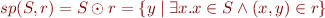 \begin{equation*}
  sp(S,r) = S \odot r = \{y \mid \exists x. x \in S \land (x,y) \in r \}
\end{equation*}