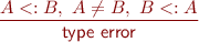 \begin{equation*} \frac{A <: B,\ A \neq B,\ B <: A} {\textsf{type error}} \end{equation*}