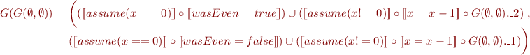 \begin{equation*}
   G(G(\emptyset,\emptyset)) =
\begin{array}[t]{@{}l@{}}
      \bigg( ([\![assume(x==0)]\!] \circ [\![wasEven=true]\!]) \cup
      ([\![assume(x!=0)]\!] \circ [\![x=x-1]\!] \circ G(\emptyset,\emptyset).\_2)\ , \\
      ([\![assume(x==0)]\!] \circ [\![wasEven=false]\!]) \cup
      ([\![assume(x!=0)]\!] \circ [\![x=x-1]\!] \circ G(\emptyset,\emptyset).\_1) \bigg)
\end{array}
\end{equation*}