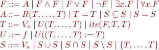 \begin{equation*}\begin{array}{l}
  F ::= A \mid F \land F \mid F \lor F \mid \lnot F \mid \exists x.F \mid \forall x.F \\
  A ::= R(T,\ldots,T) \mid T=T \mid S \subseteq S \mid S=S \\
  T ::= V_o \mid U(T,\ldots,T) \mid ite(F,T,T) \\
  U ::= f \mid U((T,\ldots,T):=T) \\
  S ::= V_s \mid S \cup S \mid S \cap S \mid S \setminus S \mid \{T,\ldots,T\} 
\end{array}\end{equation*}