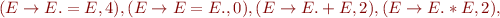 $(E\rightarrow E.=E,4),(E\rightarrow E=E.,0),(E\rightarrow E.+E,2),(E\rightarrow E.*E,2),$