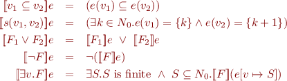 \begin{eqnarray*}
  [\![v_1 \subseteq v_2]\!]e &=& (e(v_1) \subseteq e(v_2)) \\ \
  [\![s(v_1,v_2)]\!]e &=& (\exists k \in N_0. e(v_1) = \{k\} \land e(v_2)=\{k+1\}) \\ \
  [\![F_1 \lor F_2]\!]e &=& [\![F_1]\!]e\ \lor\ [\![F_2]\!]e \\ \
  [\![\lnot F]\!]e &=& \lnot ([\![F]\!]e) \\ \
  [\![\exists v. F]\!]e &=& \exists S. S\ \mbox{is finite}\ \land\ S \subseteq N_0. [\![F]\!](e[v \mapsto S])
\end{eqnarray*}