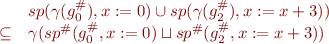 \begin{equation*}
\begin{array}{ll}
          & sp(\gamma(g^\#_0), x:=0) \cup sp(\gamma(g^\#_2), x:=x+3)) \\
\subseteq & \gamma(sp^\#(g^\#_0, x:=0) \sqcup sp^\#(g^\#_2, x:=x+3))
\end{array}
\end{equation*}