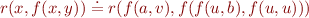 \begin{equation*}
    r(x,f(x,y)) \doteq r(f(a,v),f(f(u,b),f(u,u)))
\end{equation*}