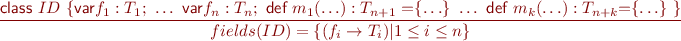 \begin{equation*}\frac{\textsf{class}\ ID\ \{ \textsf{var} f_1 : T_1 ;\ \ldots\ \textsf{var} f_n : T_n;\ \textsf{{d}ef} \ m_1(\ldots): T_{n+1}\  \textsf{=} \{\ldots\}\ \ldots\ \textsf{{d}ef}\  m_k(\ldots): T_{n+k} \textsf{=} \{\ldots\}\ \}}{fields(ID) = \{ (f_i \rightarrow T_i) | 1 \leq i \leq n \}}\end{equation*}