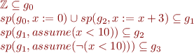 \begin{equation*}
\begin{array}[t]{l}
    \mathbb{Z} \subseteq g_0 \\
    sp(g_0, x:=0) \cup sp(g_2, x:=x+3) \subseteq g_1 \\
    sp(g_1, assume(x < 10)) \subseteq g_2 \\
    sp(g_1, assume(\lnot(x<10))) \subseteq g_3
\end{array}
\end{equation*}