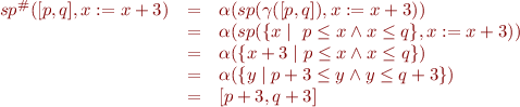 \begin{equation*}
\begin{array}{rcl}
sp^\#([p,q],x:=x+3) 
  &=& \alpha(sp(\gamma([p,q]),x:=x+3)) \\
  &=& \alpha(sp(\{x \mid \ p \le x \land x \le q\},x:=x+3)) \\
  &=& \alpha(\{x+3 \mid p \le x \land x \le q\}) \\
  &=& \alpha(\{y \mid p+3 \le y \land y \le q+3\}) \\
  &=& [p+3,q+3]
\end{array}
\end{equation*}