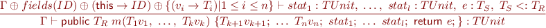 \begin{equation*}
\frac{\Gamma \oplus fields(ID) \oplus (\textsf{this} \rightarrow ID) \oplus \{ (v_i \rightarrow T_i) | 1 \leq i \leq n \} \vdash stat_1 : TUnit,\ \ldots,\ stat_l : TUnit,\ e : T_S,\ T_S <: T_R }
{\Gamma \vdash \textsf{public}\ T_R\ m(T_1 v_1,\ \ldots,\ T_k v_k)\ \{ T_{k+1} v_{k+1};\ \ldots\ T_n v_n;\ stat_1;\ \ldots\ stat_l;\ \textsf{return}\ e; \} : TUnit }
\end{equation*}