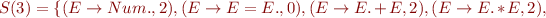 $S(3)=\{(E\rightarrow Num.,2),(E\rightarrow E=E.,0),(E\rightarrow E.+E,2),(E\rightarrow E.*E,2),$