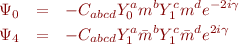 \begin{eqnarray*}
\Psi_0 &=& -C_{abcd} Y_0^a m^b Y_1^c m^d e^{-2i\gamma} \\
\Psi_4 &=& -C_{abcd} Y_1^a \bar{m}^b Y_1^c \bar{m}^d e^{2i\gamma}
\end{eqnarray*}