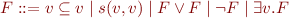 \begin{equation*}
 F ::= v \subseteq v \mid s(v,v) \mid F \lor F \mid \lnot F \mid \exists v.F
\end{equation*}