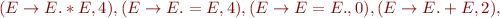 $(E\rightarrow E.*E,4),(E\rightarrow E.=E,4),(E\rightarrow E=E.,0),(E\rightarrow E.+E,2),$