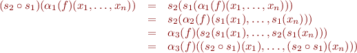 \begin{equation*}\begin{array}{rcl}  
    (s_2 \circ s_1)(\alpha_1(f)(x_1,\ldots,x_n)) 
&=& s_2(s_1(\alpha_1(f)(x_1,\ldots,x_n))) \\
&=& s_2(\alpha_2(f)(s_1(x_1),\ldots,s_1(x_n))) \\
&=& \alpha_3(f)(s_2(s_1(x_1),\ldots,s_2(s_1(x_n))) \\
&=& \alpha_3(f)((s_2 \circ s_1)(x_1),\ldots,(s_2 \circ s_1)(x_n))) 
\end{array}
\end{equation*}