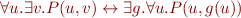 \begin{equation*}
   \forall u. \exists v. P(u,v) \leftrightarrow \exists g. \forall u. P(u,g(u))
\end{equation*}