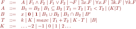 \begin{equation*}
\begin{array}{rcl}
      F & ::= & A \mid F_1 \land F_2 \mid F_1 \lor F_2 \mid \lnot F \mid 
                \exists x.F \mid \forall x.F \mid
                \exists k.F \mid \forall k.F \\
      A & ::= & B_1 = B_2 \mid B_1 \subseteq B_2 \mid 
               T_1 = T_2 \mid T_1 < T_2 \mid (K{|}T) \\
      B & ::= & x \mid \mathbf{0} \mid \mathbf{1}
                \mid B_1 \cup B_2 \mid B_1 \cap B_2 \mid B^{c} \\
      T & ::= & k \mid K \mid maxc \mid T_1 + T_2 \mid K \cdot T \mid \ \q{|} B \q{|} \\
      K & ::= & \ldots {-2} \mid -1 \mid 0 \mid 1 \mid 2 \ldots
    \end{array}
\end{equation*}