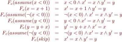 \begin{equation*}
\begin{array}{rcl}
  F_c(assume(x < 0)) &=& x < 0 \land x'=x \land y'=y \\
  F_c(x=x+1) &=& x' = x + 1 \land y' = y \\
  F_c(assume(\lnot (x < 0))) &=& \lnot (x < 0) \land x'=x \land y'=y \\  
  F_c(assume(y < 0)) &=& y < 0 \land x'=x \land y'=y \\
  F_c(y=y+x) &=& y'=y+x \land x'=x \\
  F_c(assume(\lnot(y<0)) &=& \lnot (y < 0) \land x'=x \land y'=y \\
  F_c(skip) &=& x'=x \land y'=y
\end{array}
\end{equation*}