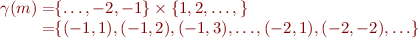 \begin{equation*}
\begin{array}{r@{}l}
   \gamma(m) = & \{ \ldots, -2, -1 \} \times  \{ 1, 2, \ldots, \} \\
             = & \{ (-1, 1), (-1, 2), (-1, 3), \ldots, (-2, 1), (-2, -2), \ldots  \}
\end{array}
\end{equation*}