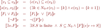 \begin{eqnarray*}
  [\![v_1 \subseteq v_2]\!]e &=& (e(v_1) \subseteq e(v_2)) \\ \
  [\![s(v_1,v_2)]\!]e &=& (\exists k \in N_0. e(v_1) = \{k\} \land e(v_2)=\{k+1\}) \\ \
  [\![F_1 \lor F_2]\!]e &=& [\![F_1]\!]e\ \lor\ [\![F_2]\!]e \\ \
  [\![\lnot F]\!]e &=& \lnot ([\![F]\!]e) \\ \
  [\![\exists v. F]\!]e &=& \exists S. S\ \mbox{is finite}\ \land\ S \subseteq N_0 \land [\![F]\!](e[v \mapsto S])
\end{eqnarray*}