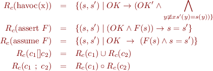 \begin{eqnarray*}
  R_c(\mbox{havoc(x)}) &=& \{(s,s') \mid OK \rightarrow (OK' \land \bigwedge_{{y \not\equiv x} s'(y)=s(y)) \} \\
  R_c(\mbox{assert}\ F}) &=& \{(s,s') \mid (OK \land F(s)) \rightarrow s=s' \} \\
  R_c(\mbox{assume}\ F}) &=& \{(s,s') \mid OK\ \rightarrow\ (F(s) \land s=s') \} \\
  R_c(c_1 [] c_2) & = & R_c(c_1) \cup R_c(c_2) \\
  R_c(c_1\ ;\ c_2) & = & R_c(c_1) \circ R_c(c_2) 
\end{eqnarray*}