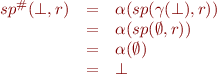\begin{equation*}
\begin{array}{rcl}
   sp^\#(\bot,r) 
&=& \alpha(sp(\gamma(\bot),r)) \\
&=& \alpha(sp(\emptyset,r)) \\
&=& \alpha(\emptyset) \\
&=& \bot
\end{array}
\end{equation*}