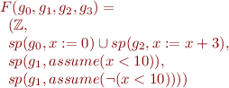 \begin{equation*}
\begin{array}{l}
   F(g_0,g_1,g_2,g_3) = \\
\begin{array}[t]{l}
    (\mathbb{Z}, \\
     sp(g_0, x:=0) \cup sp(g_2, x:=x+3),\\
     sp(g_1, assume(x < 10)), \\
     sp(g_1, assume(\lnot(x<10))))
\end{array}
\end{array}
\end{equation*}