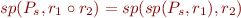 \begin{equation*}
   sp(P_s,r_1 \circ r_2) = sp(sp(P_s,r_1),r_2)
\end{equation*}