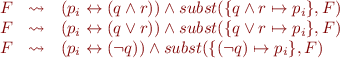 \begin{equation*}\begin{array}{l}
    F\ \ \leadsto\ \ (p_i \leftrightarrow (q \land r)) \land subst(\{q \land r \mapsto p_i\},F) \\
    F\ \ \leadsto\ \ (p_i \leftrightarrow (q \lor r)) \land subst(\{q \lor r \mapsto p_i\},F) \\
    F\ \ \leadsto\ \ (p_i \leftrightarrow (\lnot q)) \land subst(\{(\lnot q) \mapsto p_i\},F) \\
\end{array}
\end{equation*}