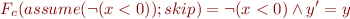 \begin{equation*}
   F_c(assume (\lnot (x<0)) ; skip) = \lnot (x < 0) \land y'=y
\end{equation*}