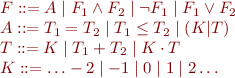 \begin{equation*}\begin{array}{l}
    F ::= A \mid F_1 \land F_2 \mid \lnot F_1 \mid F_1 \lor F_2 \\
    A ::= T_1 = T_2 \mid T_1 \le T_2 \mid (K|T) \\
    T ::= K \mid T_1 + T_2 \mid K \cdot T \\
    K ::= \ldots -2 \mid -1 \mid 0 \mid 1 \mid 2 \ldots 
 \end{array}
\end{equation*}