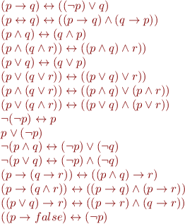 \begin{equation*}\begin{array}{l}
  (p \rightarrow q) \leftrightarrow ((\lnot p) \lor q) \\
  (p \leftrightarrow q) \leftrightarrow ((p \rightarrow q) \land (q \rightarrow p)) \\
  (p \land q) \leftrightarrow (q \land p) \\
  (p \land (q \land r)) \leftrightarrow ((p \land q) \land r)) \\
  (p \lor q) \leftrightarrow (q \lor p) \\
  (p \lor (q \lor r)) \leftrightarrow ((p \lor q) \lor r)) \\
  (p \land (q \lor r)) \leftrightarrow ((p \land q) \lor (p \land r)) \\
  (p \lor (q \land r)) \leftrightarrow ((p \lor q) \land (p \lor r)) \\
  \lnot (\lnot p) \leftrightarrow p \\
  p \lor (\lnot p) \\
  \lnot (p \land q) \leftrightarrow (\lnot p) \lor (\lnot q) \\
  \lnot (p \lor q) \leftrightarrow (\lnot p) \land (\lnot q) \\  
  (p \rightarrow (q \rightarrow r)) \leftrightarrow ((p \land q) \rightarrow r) \\
  (p \rightarrow (q \land r)) \leftrightarrow ((p \rightarrow q) \land (p \rightarrow r)) \\
  ((p \lor q) \rightarrow r) \leftrightarrow ((p \rightarrow r) \land (q \rightarrow r)) \\
  ((p \rightarrow {\sl false}) \leftrightarrow (\lnot p)
\end{array}\end{equation*}