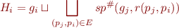 \begin{equation*}
   H_i = g_i \sqcup \bigsqcup_{(p_j,p_i) \in E} sp^{\#}(g_j,r(p_j,p_i))
\end{equation*}