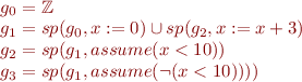 \begin{equation*}
\begin{array}[t]{l}
    g_0 = \mathbb{Z} \\
    g_1 = sp(g_0, x:=0) \cup sp(g_2, x:=x+3)\\
    g_2 = sp(g_1, assume(x < 10)) \\
    g_3 = sp(g_1, assume(\lnot(x<10))))
\end{array}
\end{equation*}